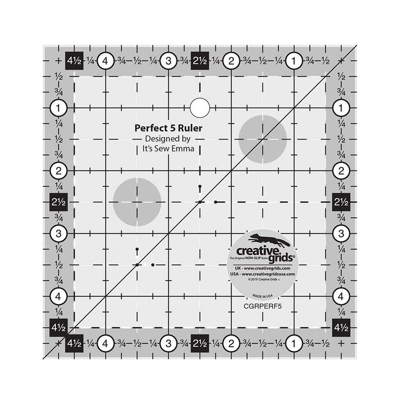Creative Grids Perfect 5 Quilting Ruler 5in x 5in Square â€“ CGRPERF5 â€“ Made in USA, 5in x 5in, Non-Slip Grip Acrylic Quilting, Sewing, Crafting, Patchwork Ruler for Measuring & Cutting Fabric - Image 1